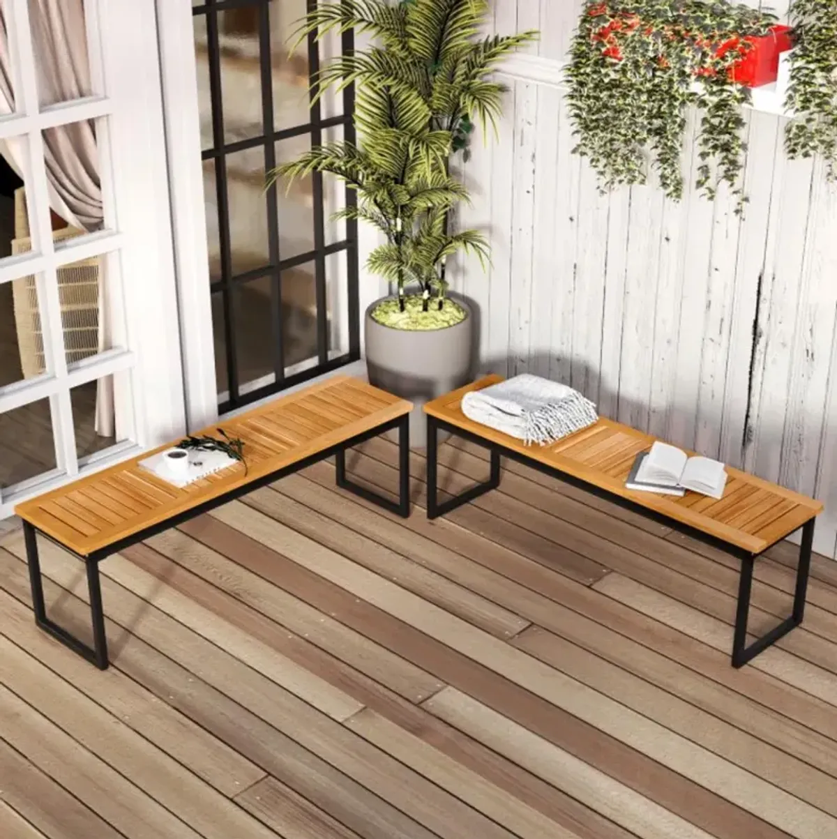 Hivvago Set of 2 Patio Dining Bench for 2-3 Person Indoor Outdoor