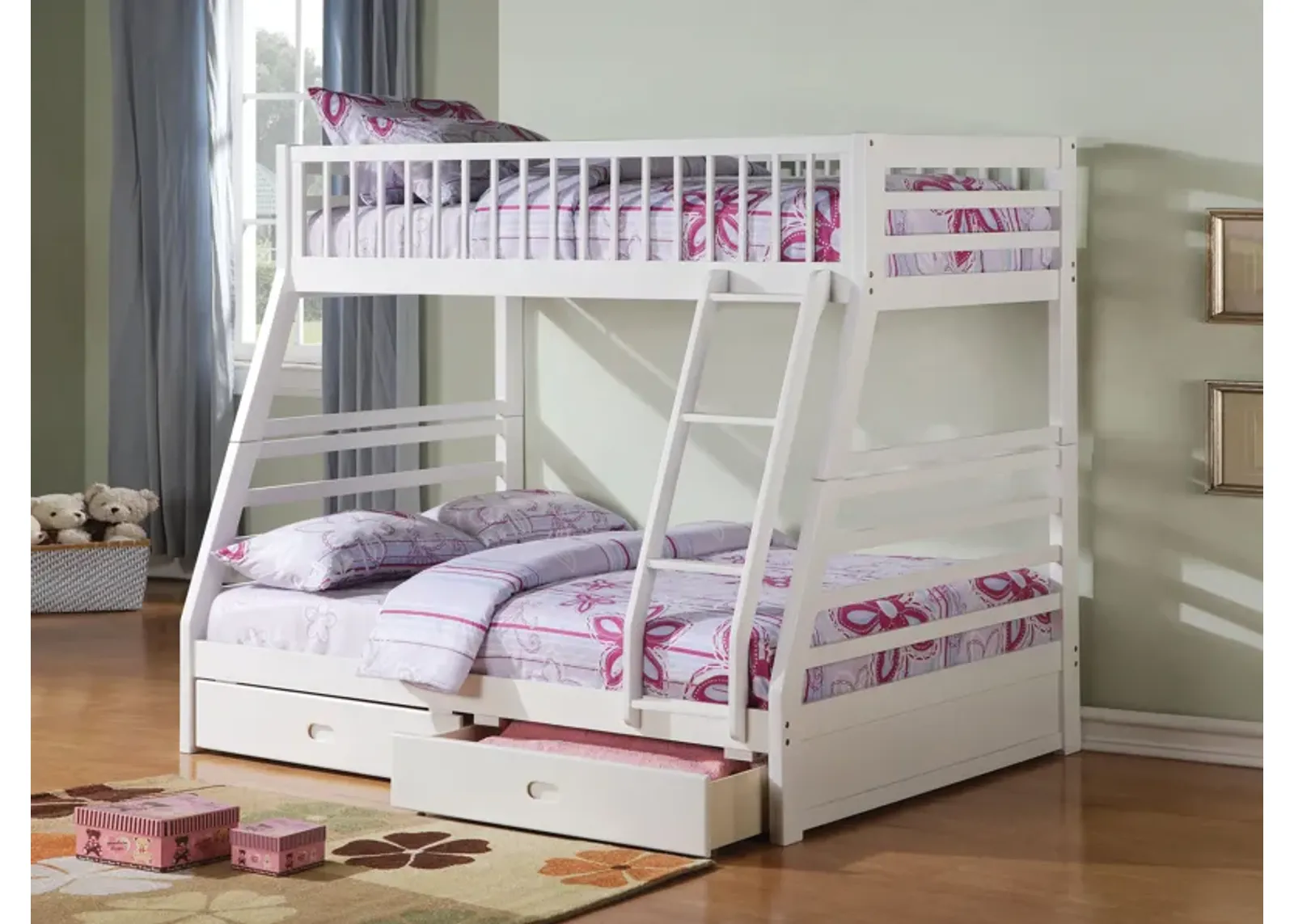 Wooden Twin/Full Bunk Bed with Drawers, White-Benzara