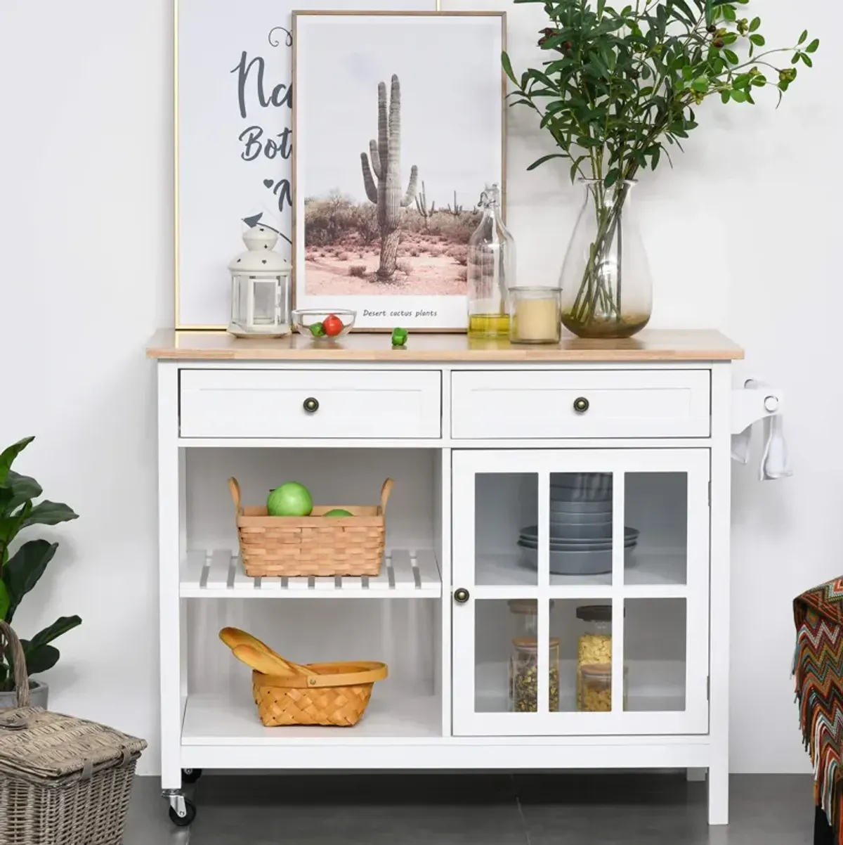 White Culinary Aid: Kitchen Trolley with Wood Top and Versatile Use