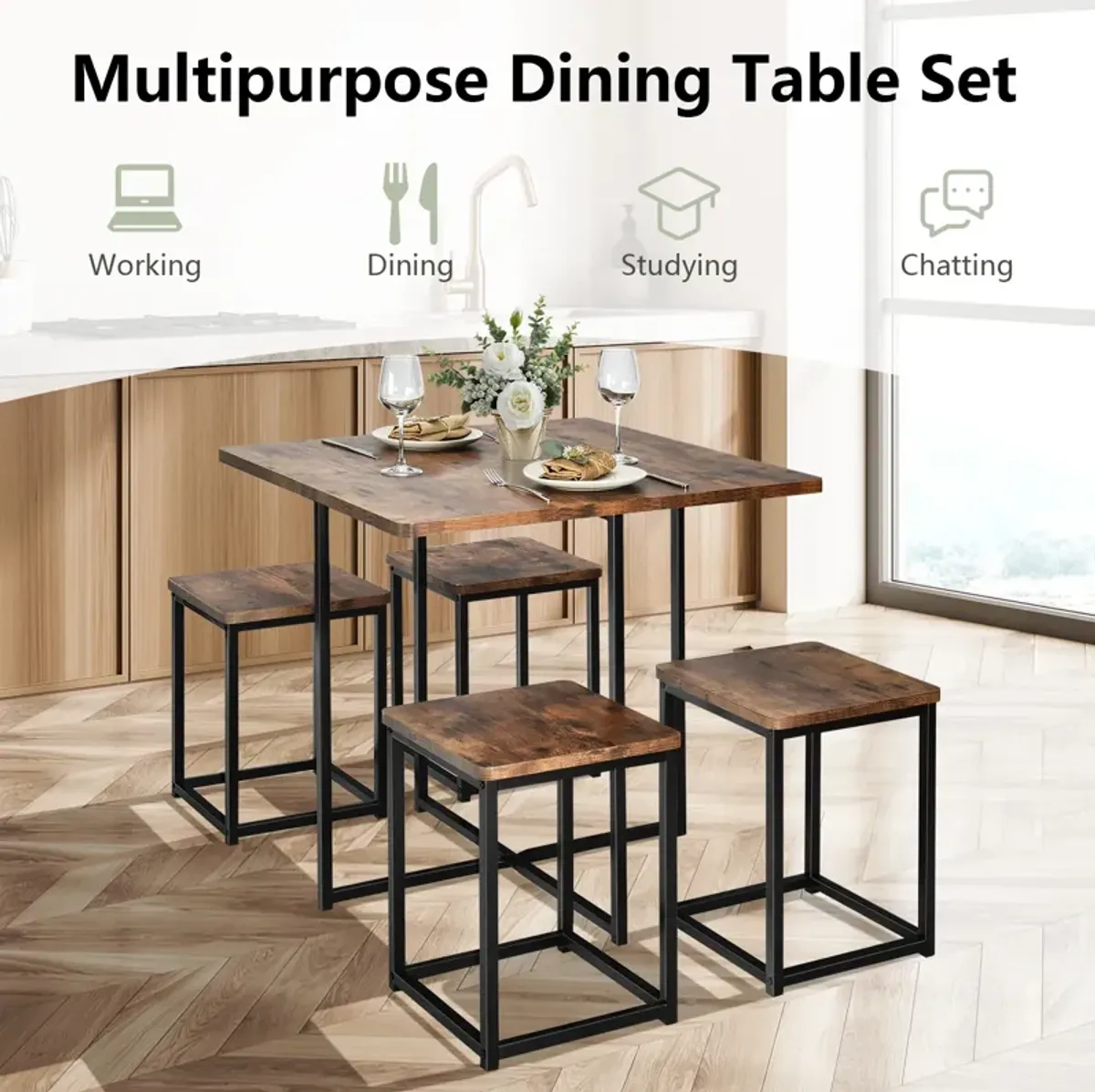 5 Pieces Metal Frame Dining Set with Compact Dining Table and 4 Stools