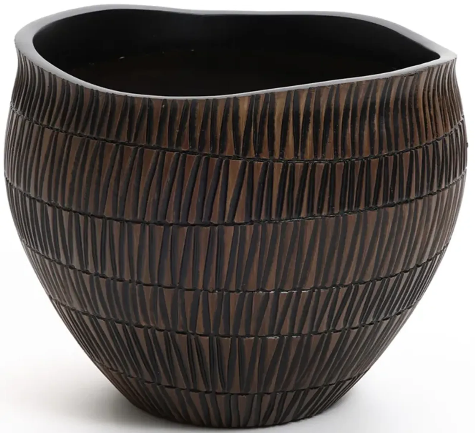 LuxenHome Brown with Black V-Pattern Polyresin 12-Inch Round Planter