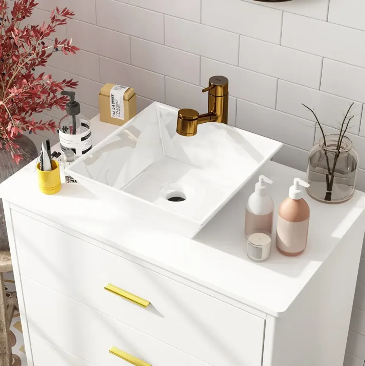 FUFU&GAGA Modern Bathroom Vanity Cabinet with 3 Drawers and Vessel Sink – 29.9" x 18.1" x 34.1", White