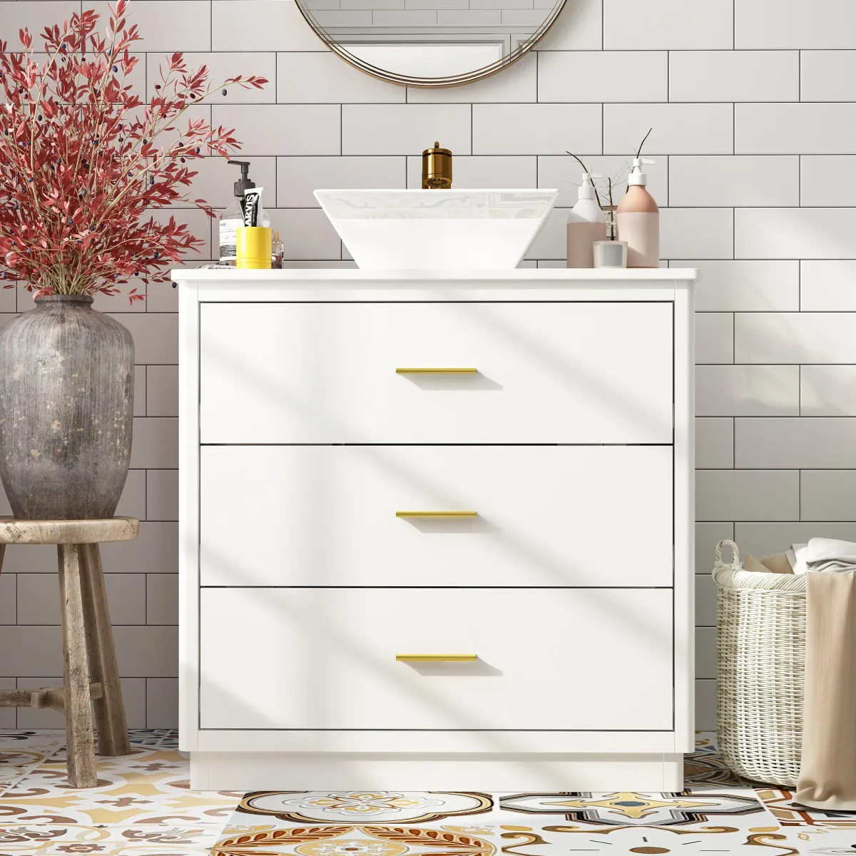 FUFU&GAGA Modern Bathroom Vanity Cabinet with 3 Drawers and Vessel Sink – 29.9" x 18.1" x 34.1", White