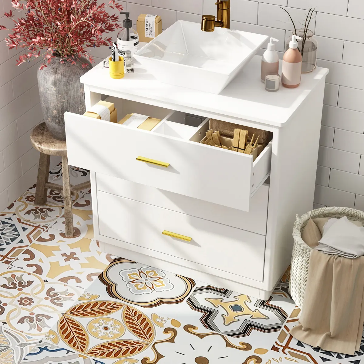 FUFU&GAGA Modern Bathroom Vanity Cabinet with 3 Drawers and Vessel Sink – 29.9" x 18.1" x 34.1", White