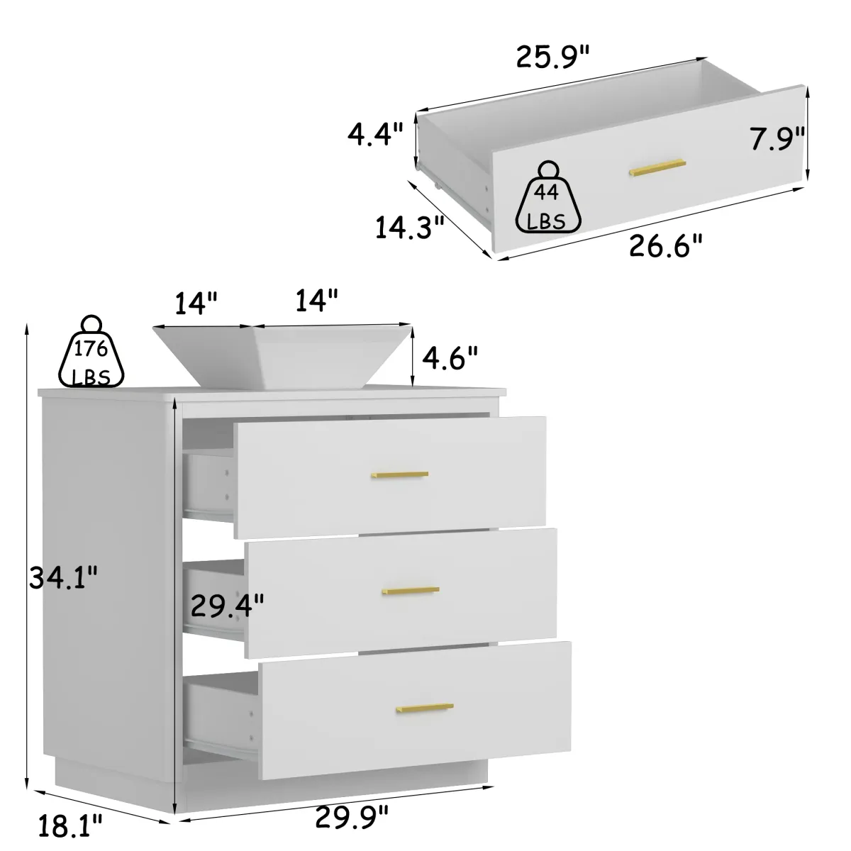 FUFU&GAGA Modern Bathroom Vanity Cabinet with 3 Drawers and Vessel Sink – 29.9" x 18.1" x 34.1", White