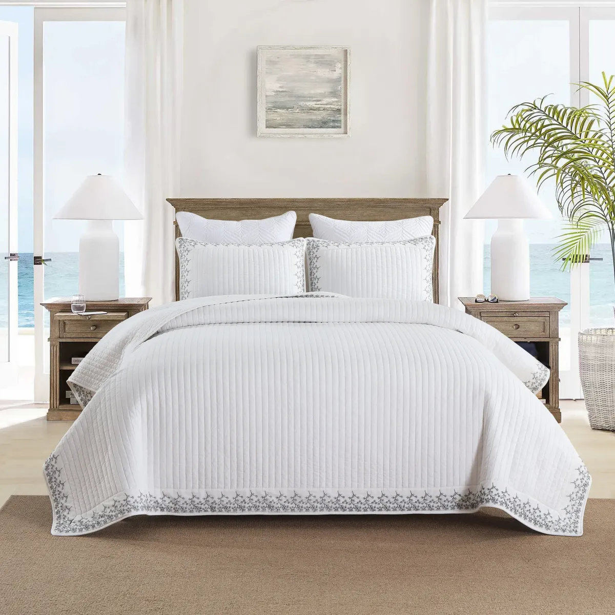 Marcielo 3-Piece 100% Cotton White Striped Quilt Set with Botanical Edge Embroidery Queen