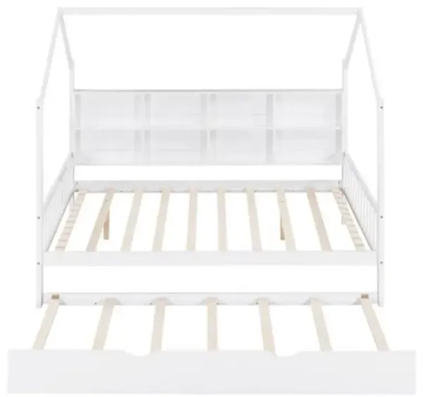House Bed with Trundle & Storage Shelf Space-Saving Wooden Kids' Bed Frame