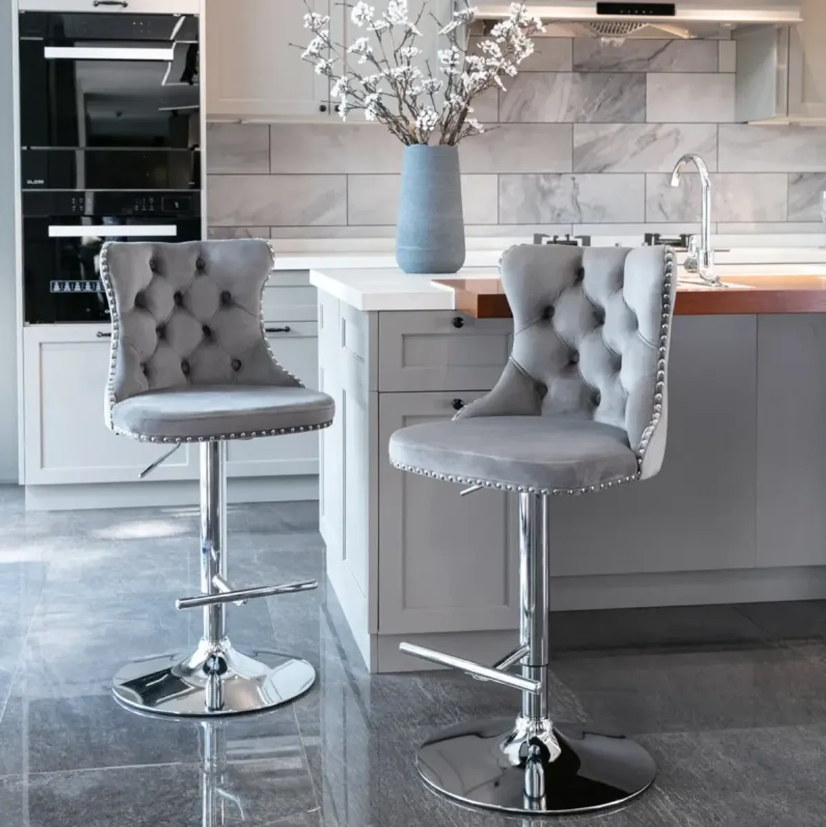 Gray Swivel Velvet Bar Stools (Set of 2)