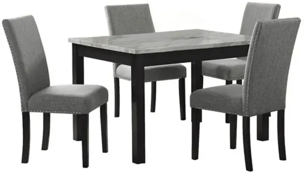 5 Piece Dining Table and Chairs, Brown Wood, Gray Fabric, Faux Marble Top - Benzara