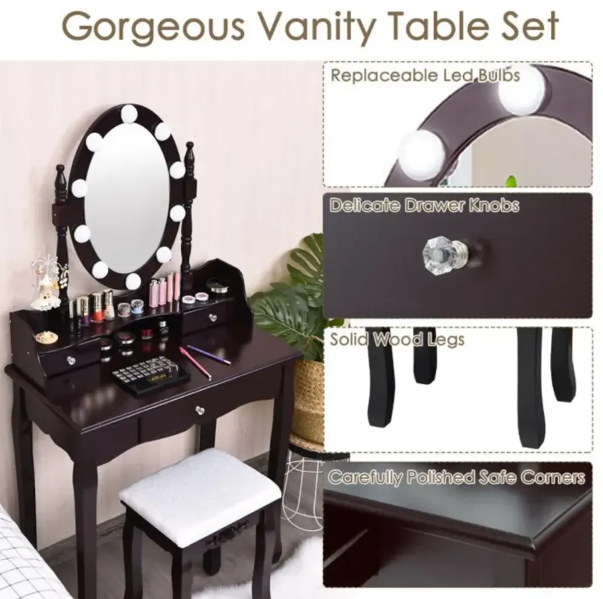 Hivvago Oval Mirror Vanity Set  with 10 LED Dimmable Bulbs and 3 Drawers