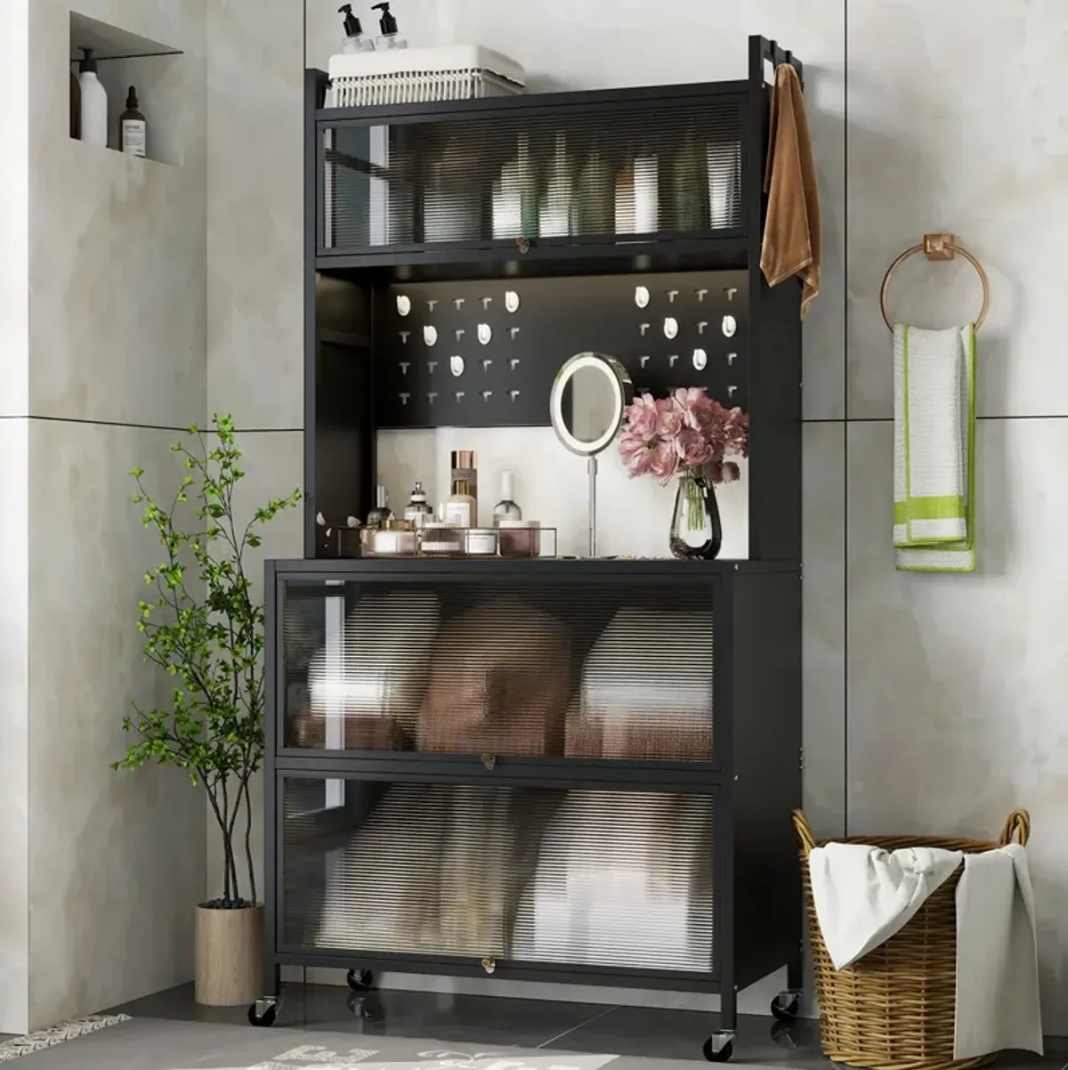 Kitchen Storage Bakers Rack 5-Tier with Lights, Flip Doors & Microwave Stand