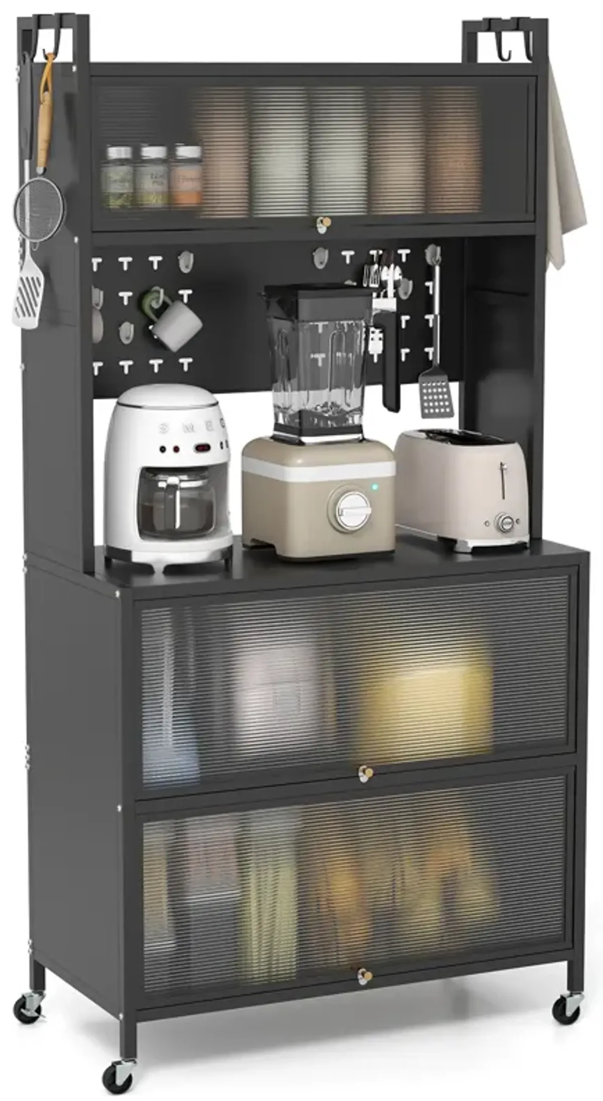 Kitchen Storage Bakers Rack 5-Tier with Lights, Flip Doors & Microwave Stand