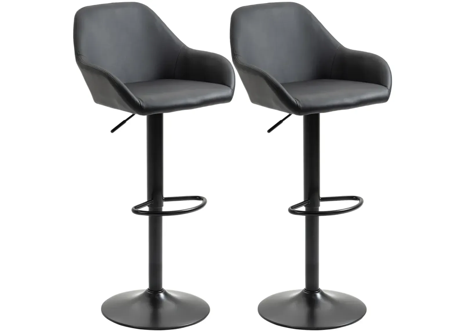 HOMCOM Adjustable Bar Stools, Swivel Counter Height Barstools with Footrest and Back, PU Leather and Steel Round Base, for Kitchen Counter and Dining Room, Set of 2, Black