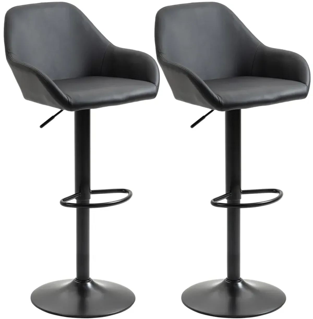 HOMCOM Adjustable Bar Stools, Swivel Counter Height Barstools with Footrest and Back, PU Leather and Steel Round Base, for Kitchen Counter and Dining Room, Set of 2, Black