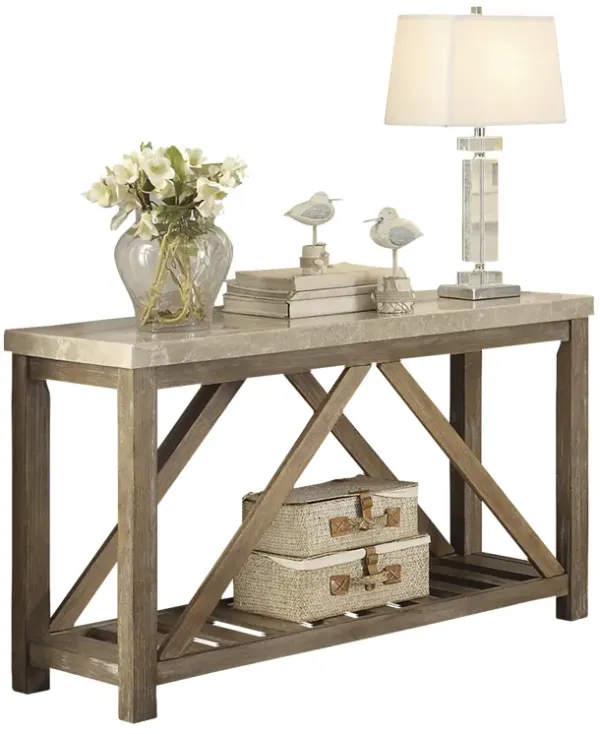 Rectangular Wooden Sofa Table With Slated Bottom Shelf, Gold Brown - Benzara