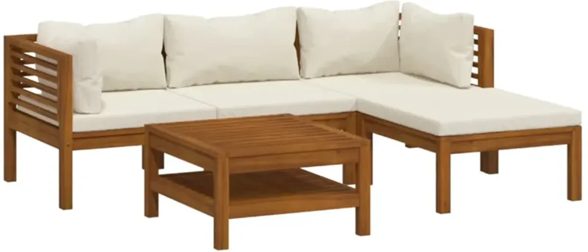 Luna 5pc Modular Outdoor L Sofa and Acacia Wood Coffee Table, Cream - Benzara