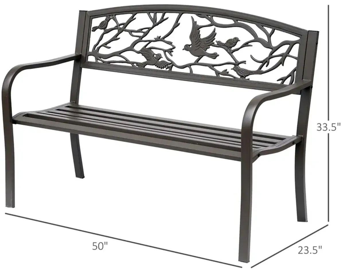 Durable Garden Perch: 50" Brown Metal Patio Bench with Backrest