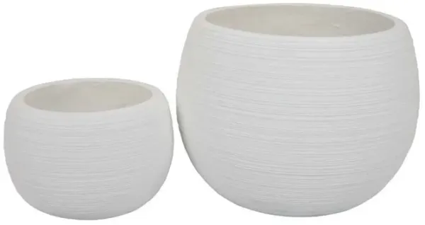Line 10 Inch Planter Set of 2, Round Resin Body, Carved White Finish - Benzara