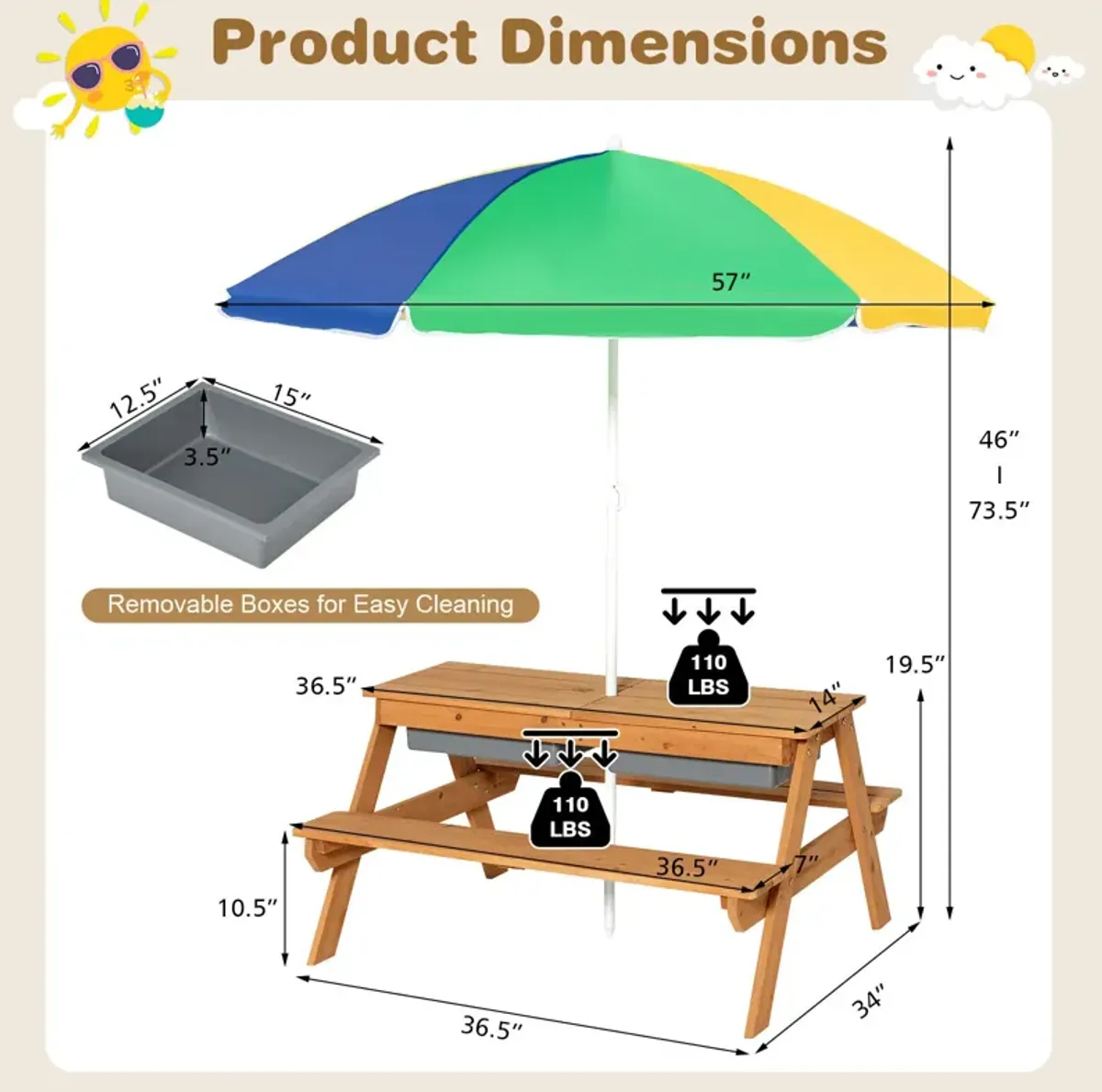 3-in-1 Kids Outdoor Picnic Water Sand Table with Umbrella Play Boxes