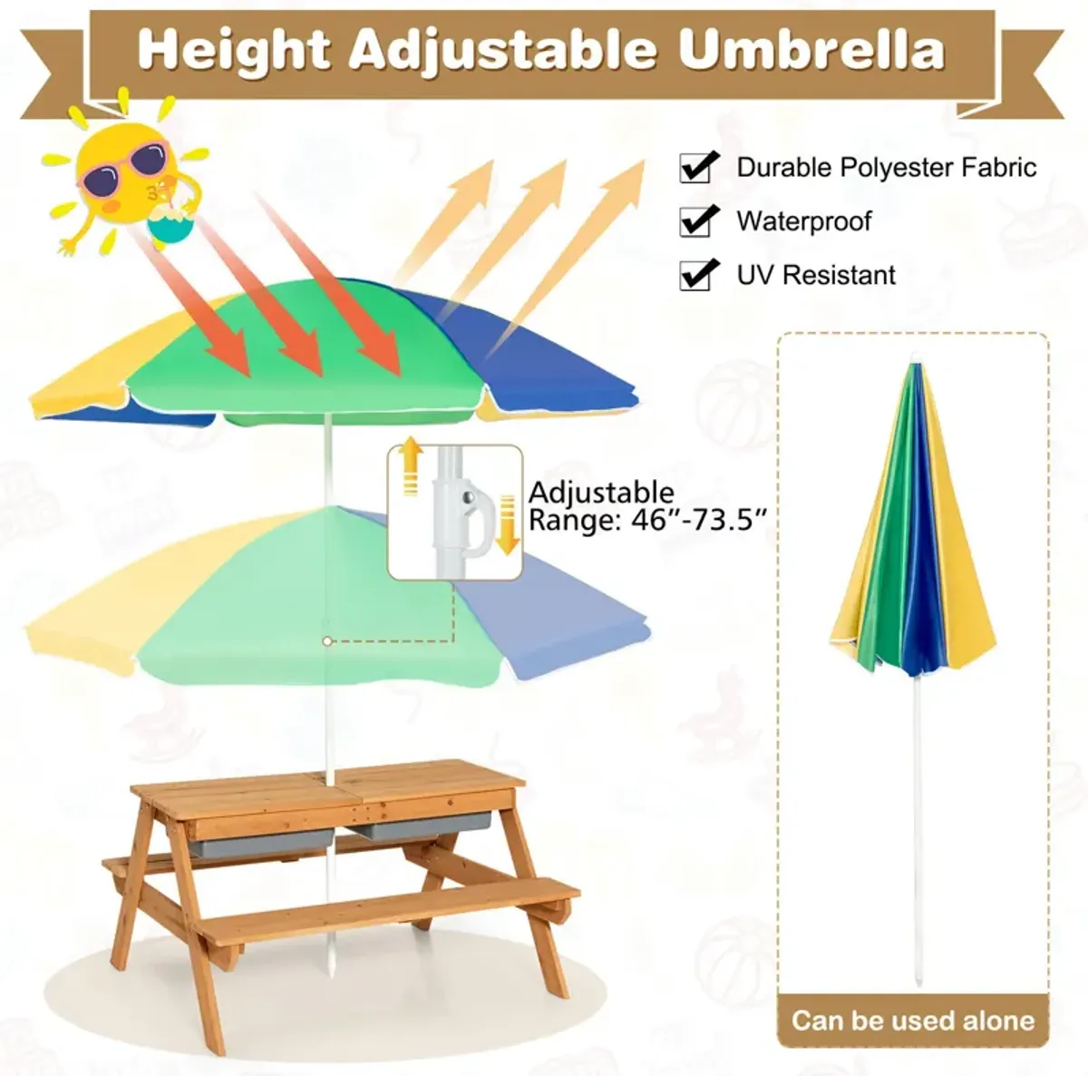 3-in-1 Kids Outdoor Picnic Water Sand Table with Umbrella Play Boxes