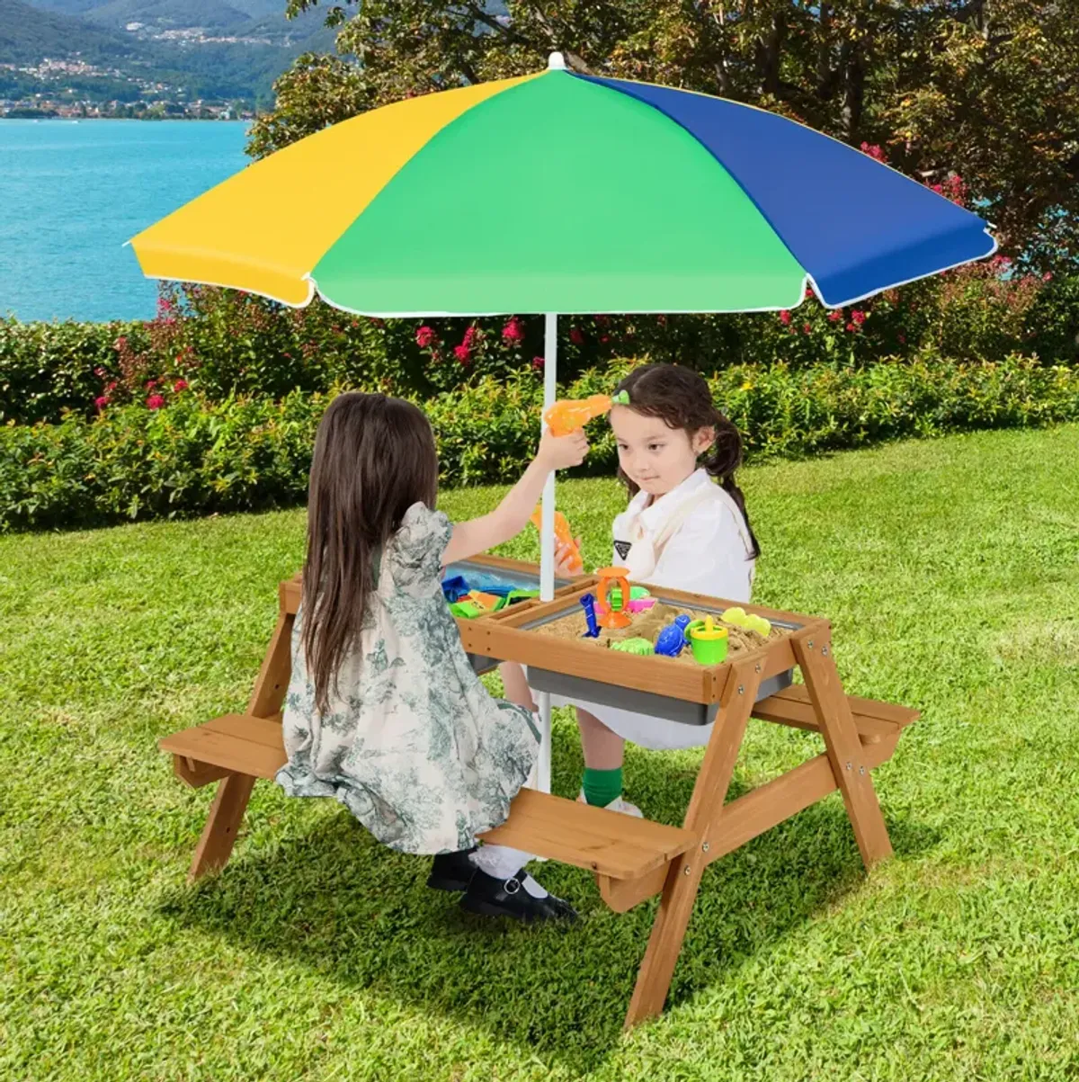 3-in-1 Kids Outdoor Picnic Water Sand Table with Umbrella Play Boxes