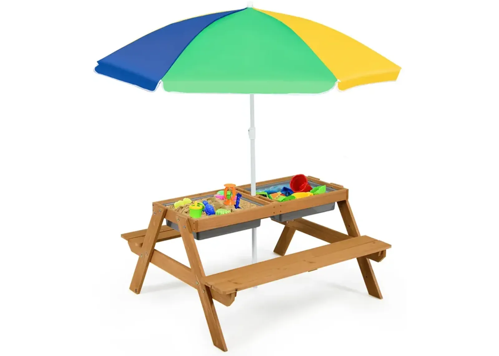 3-in-1 Kids Outdoor Picnic Water Sand Table with Umbrella Play Boxes