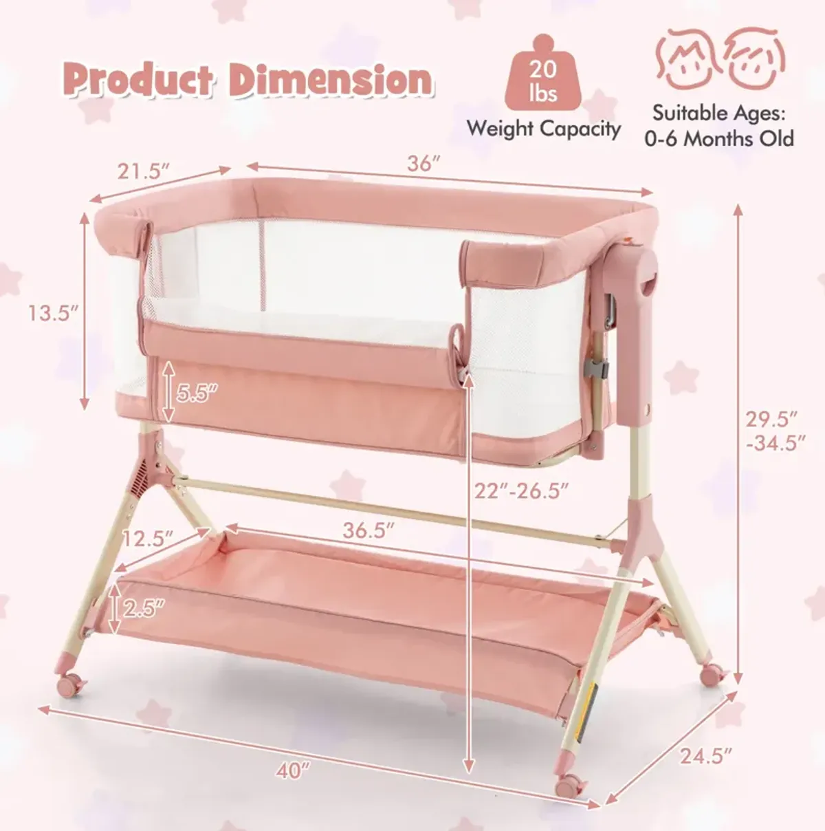 Height Adjustable Bedside Sleeper with Storage Bag and Soft Mattress for Baby