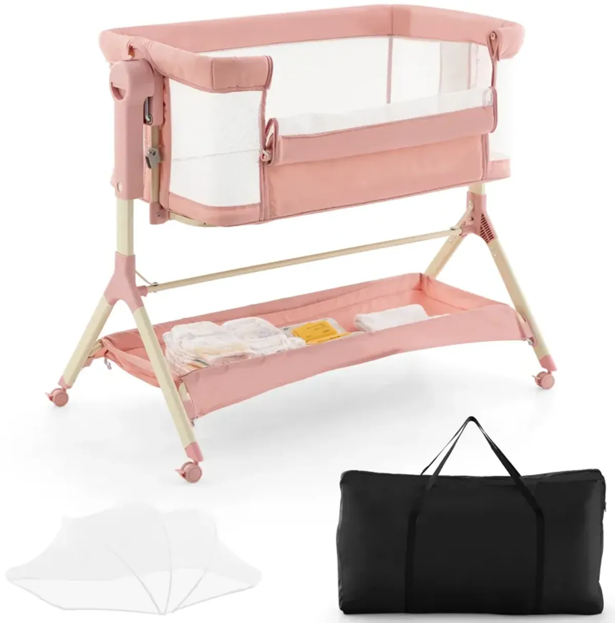 Height Adjustable Bedside Sleeper with Storage Bag and Soft Mattress for Baby