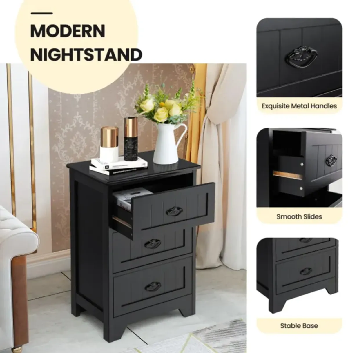 Hivvago 3 Drawers End Storage Wood Side Nightstand