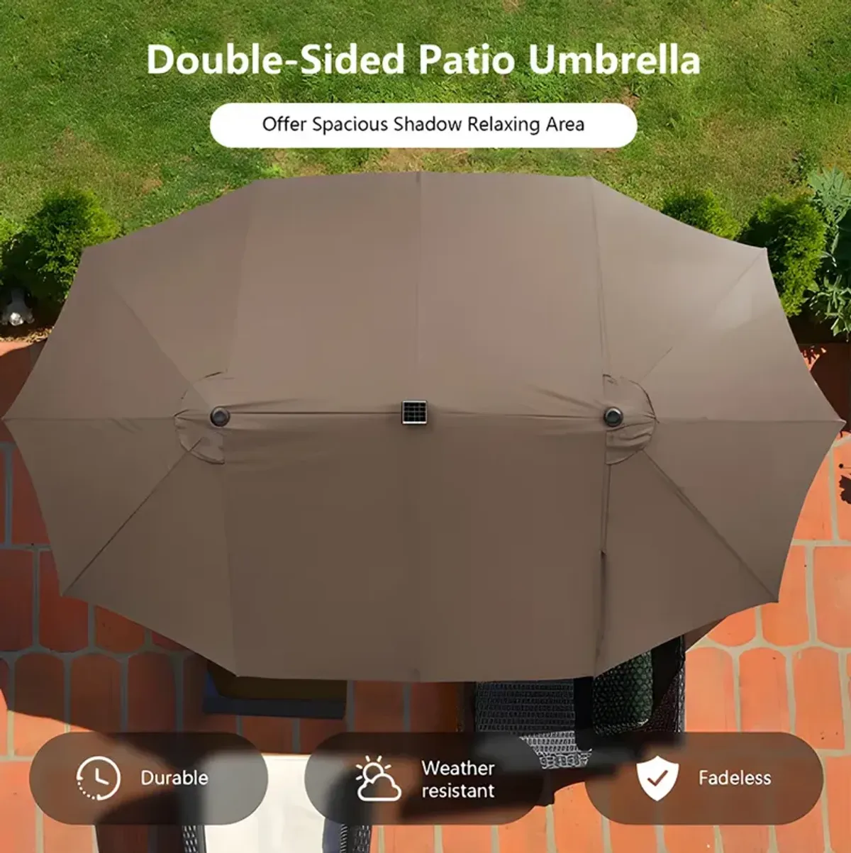 15 Ft Solar LED Patio Double-sided Umbrella Market Umbrella with Weight Base