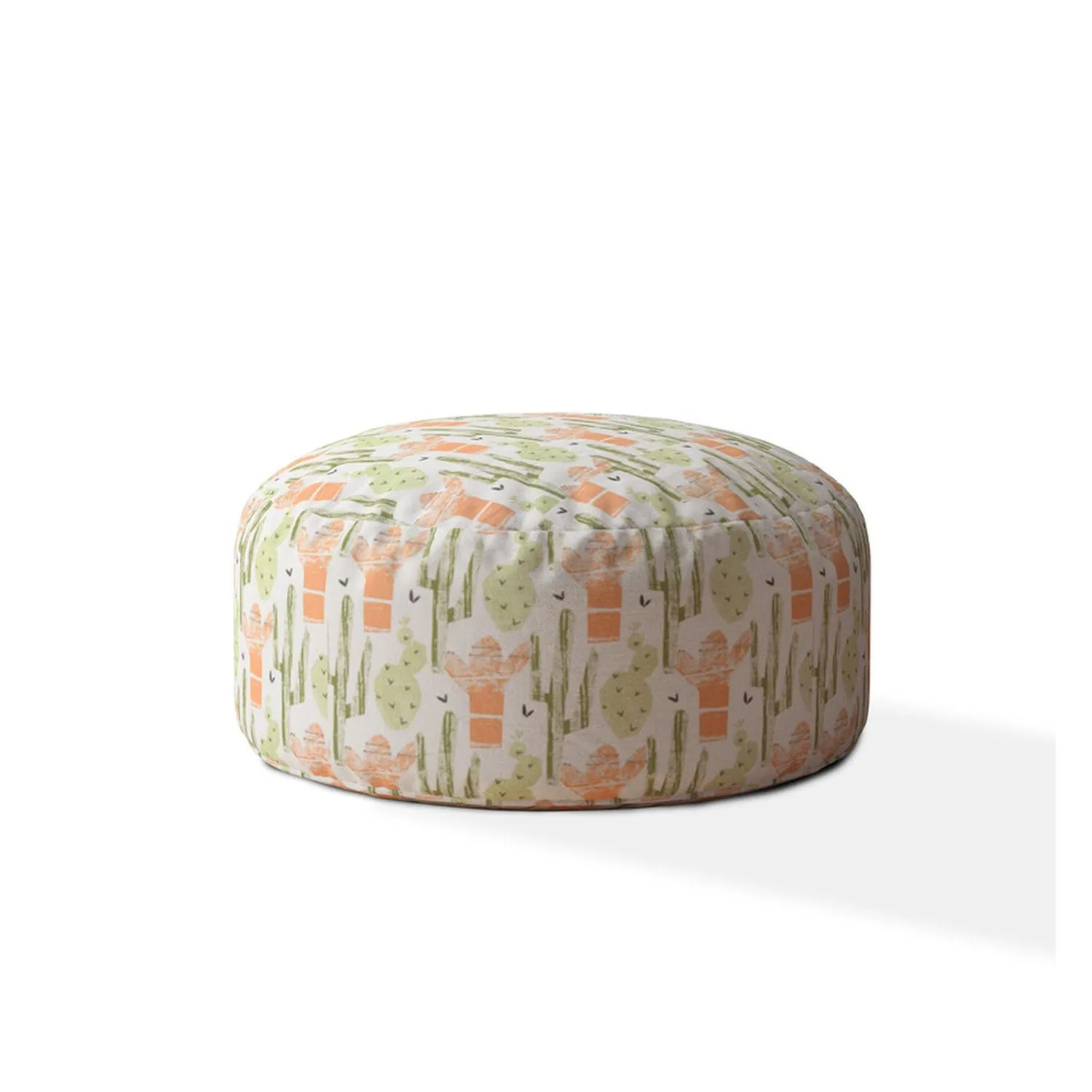 Homezia 24" Orange And Green Cotton Round Floral Pouf Ottoman