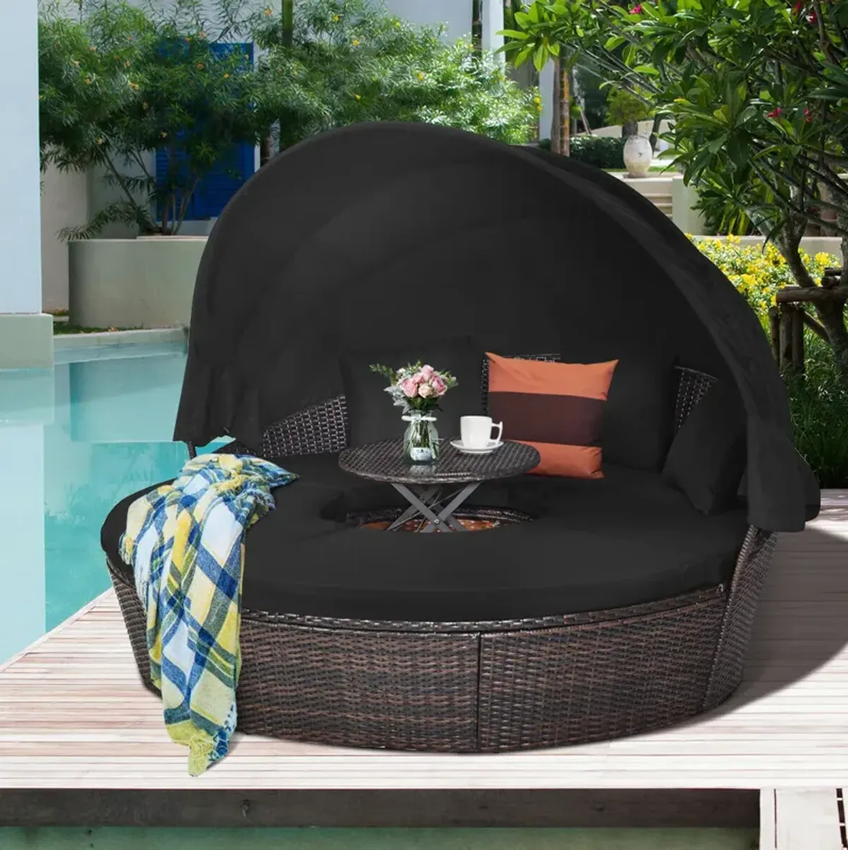 Patio Round Rattan Daybed with Retractable Canopy and Height Adjustable Coffee Table