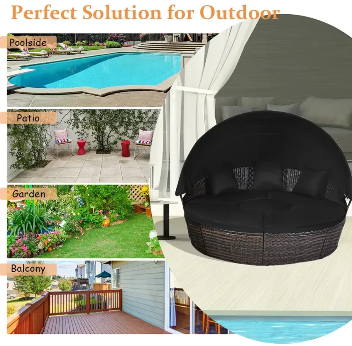 Patio Round Rattan Daybed with Retractable Canopy and Height Adjustable Coffee Table