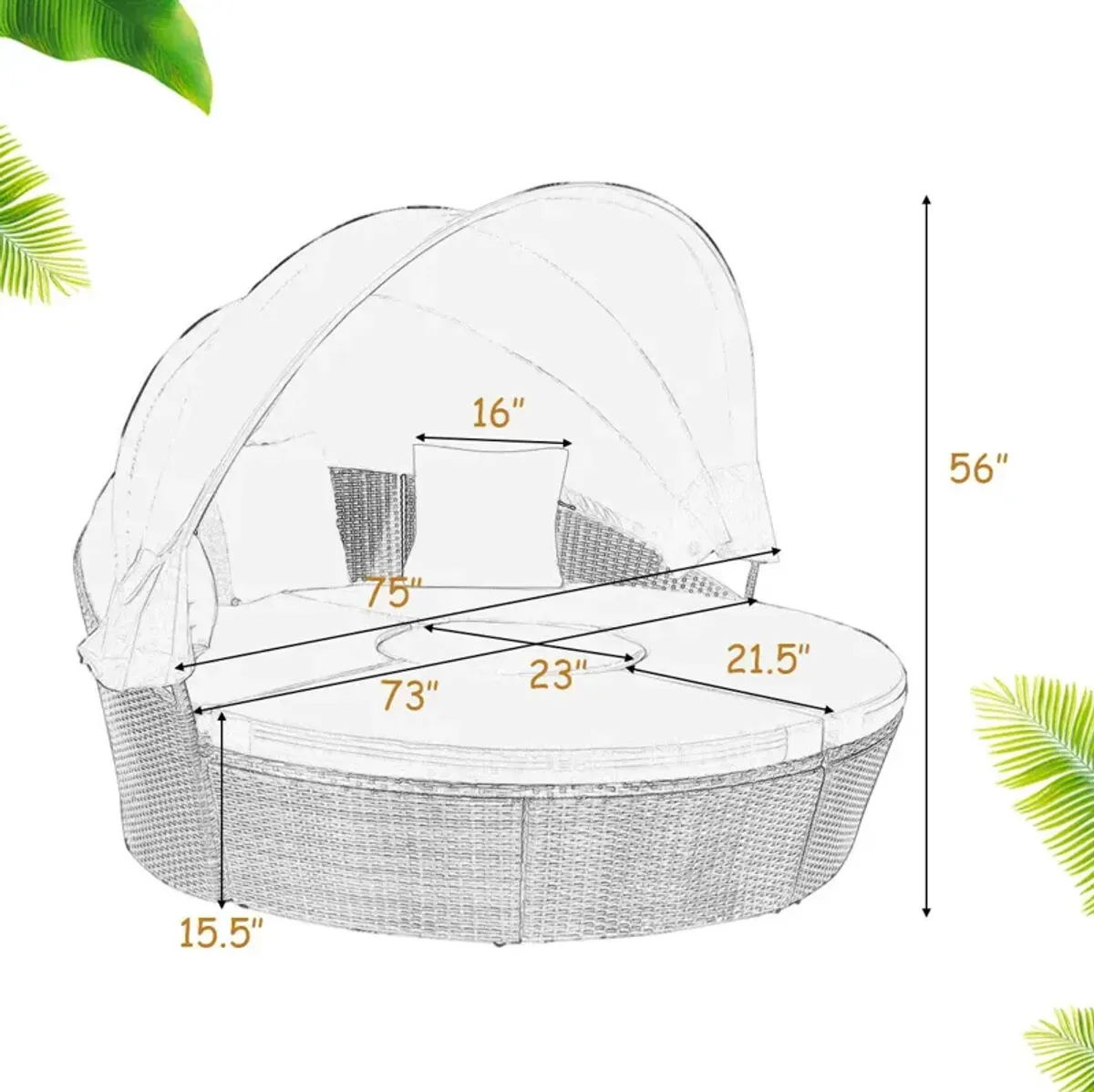 Patio Round Rattan Daybed with Retractable Canopy and Height Adjustable Coffee Table