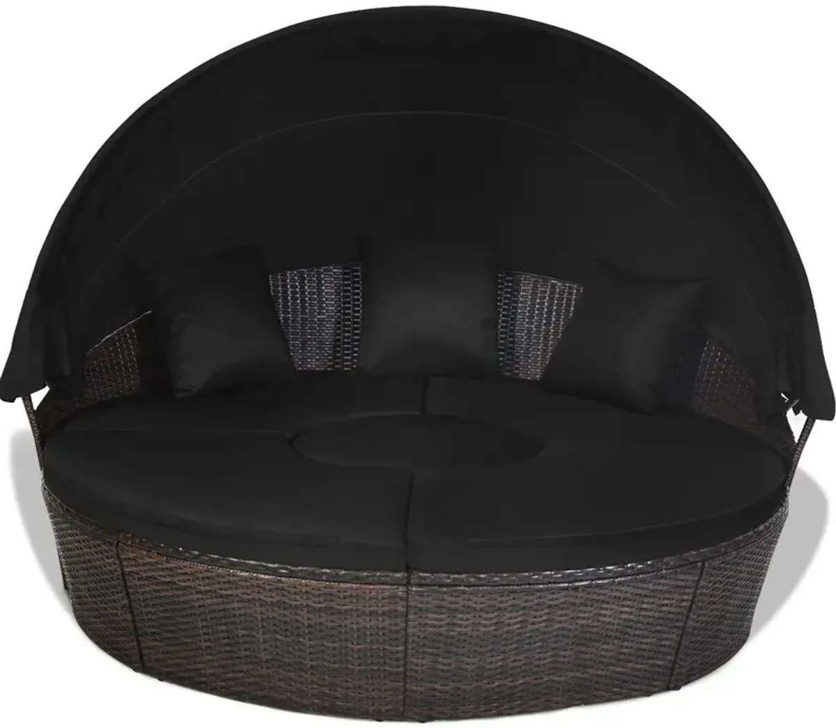 Patio Round Rattan Daybed with Retractable Canopy and Height Adjustable Coffee Table