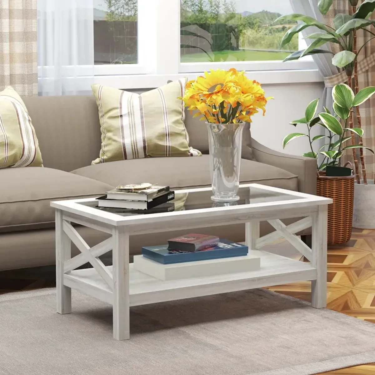 White Oak Living Room Table: Farmhouse Coffee Table with Glass Top