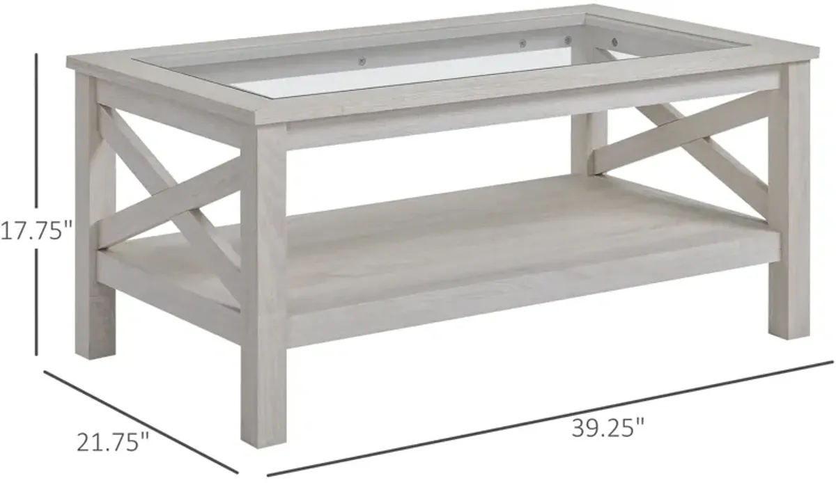 White Oak Living Room Table: Farmhouse Coffee Table with Glass Top