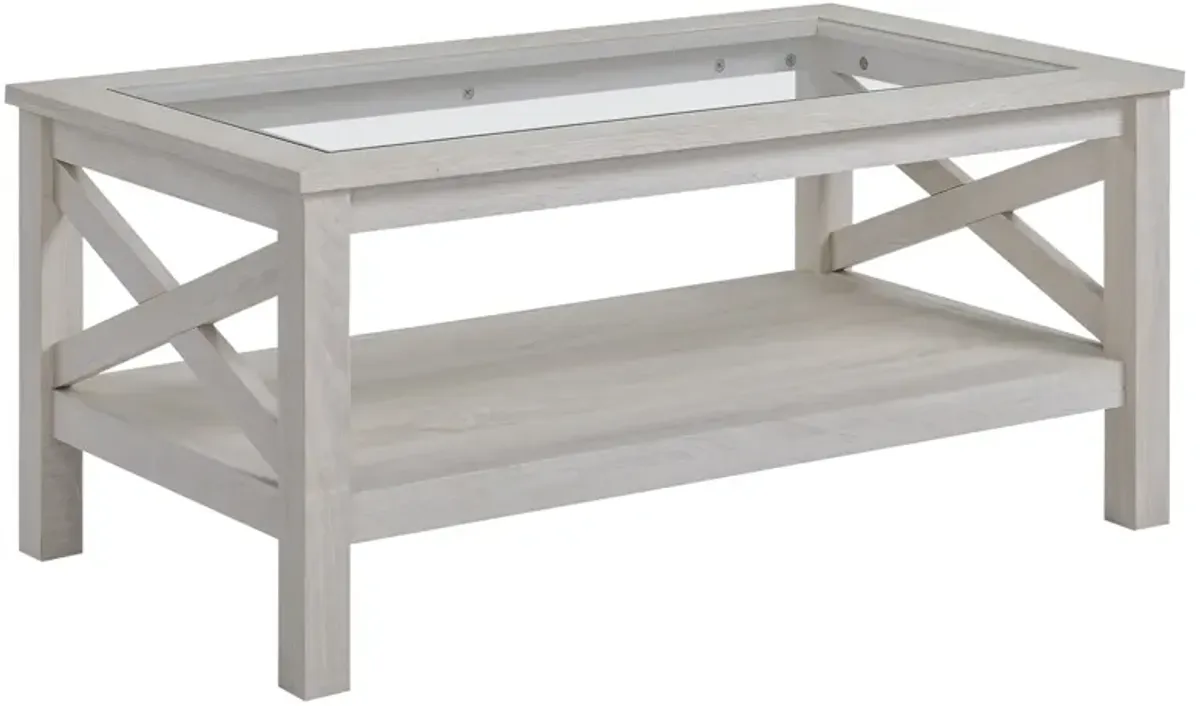 White Oak Living Room Table: Farmhouse Coffee Table with Glass Top