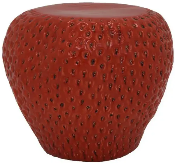 Oriha 18 Inch Plant Stand Garden Stool, Strawberry, Dotted, Red Ceramic - Benzara
