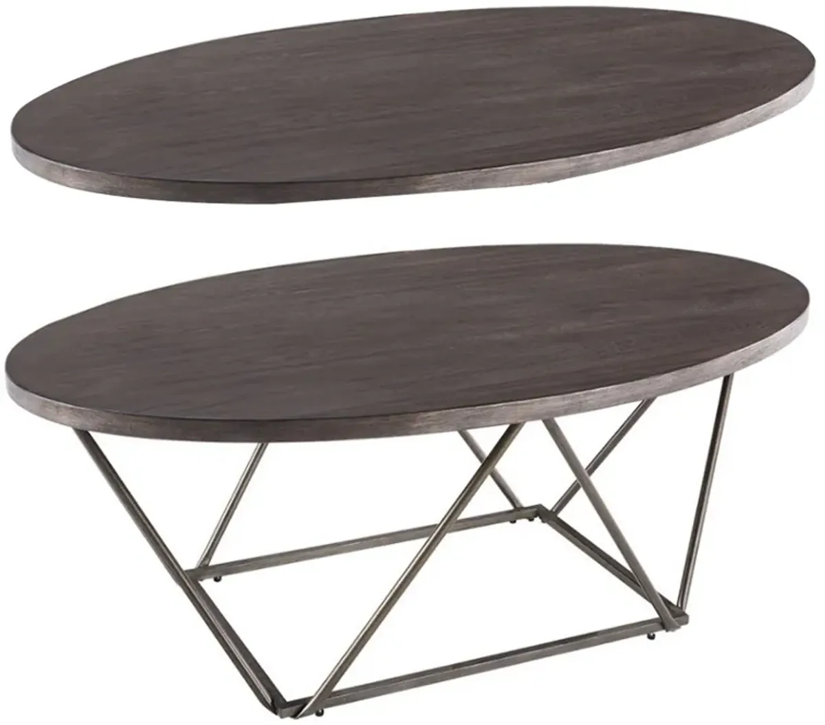 Elm Wood Table Set with Bridge Truss Metal Base, Set of Three, Brown and Gray-Benzara