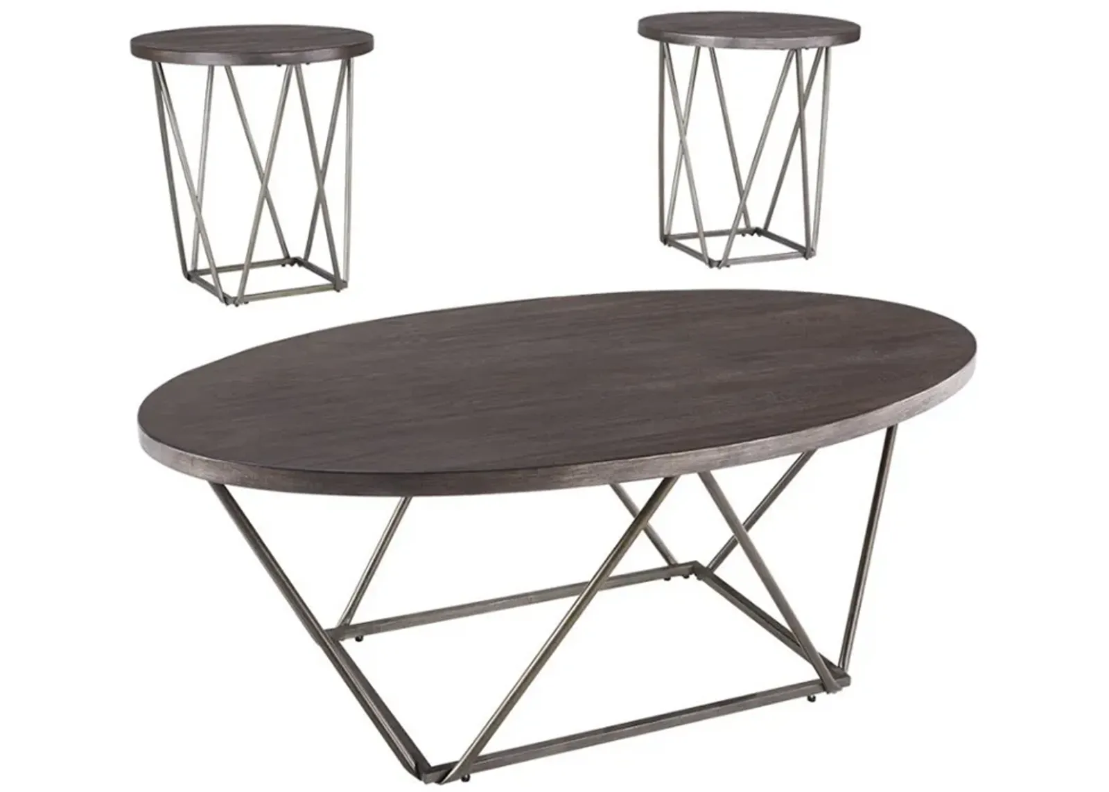 Elm Wood Table Set with Bridge Truss Metal Base, Set of Three, Brown and Gray-Benzara