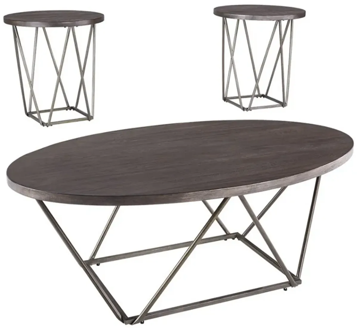 Elm Wood Table Set with Bridge Truss Metal Base, Set of Three, Brown and Gray-Benzara