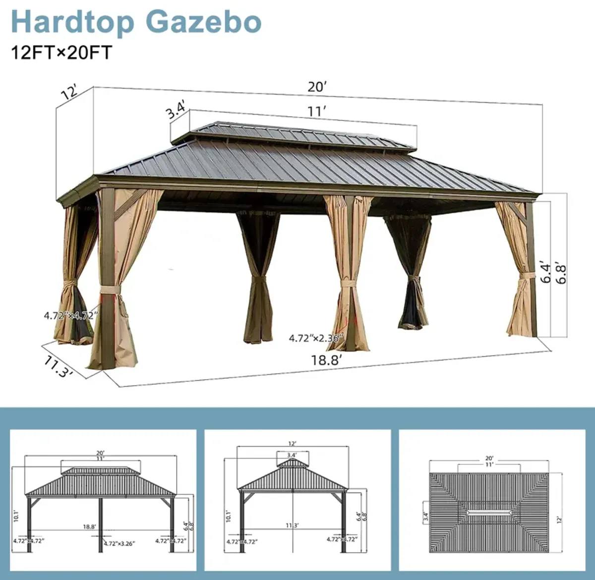 MONDAWE 12x20ft Hardtop Gazebo, Outdoor Aluminum Frame Canopy with Galvanized Steel Double Roof, Outdoor Permanent Metal Pavilion with Curtains and Netting for Patio,Backyard and Lawn (Brown)