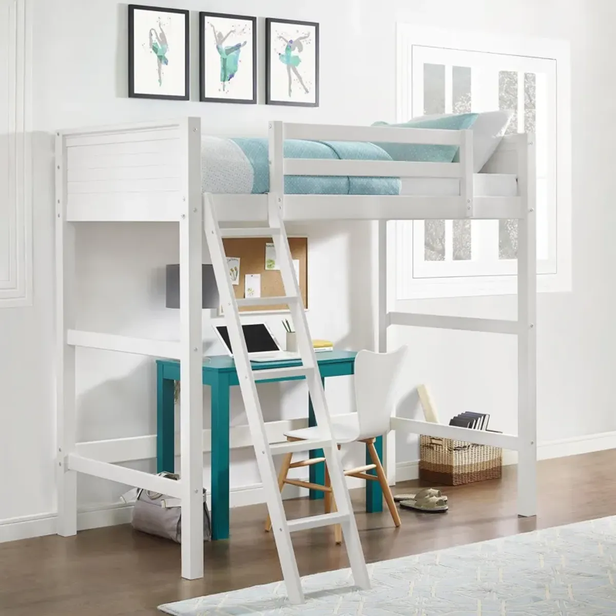 Atwater Living Rollins Twin Wooden Loft Bed with Ladder and Safety Railings