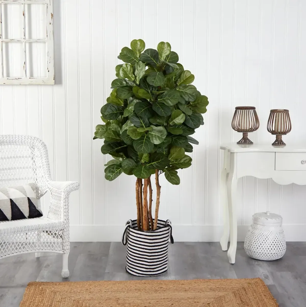 HomPlanti 5 Feet Fiddle Leaf Fig Artificial Tree in Handmade Black and White Natural Jute and Cotton Planter