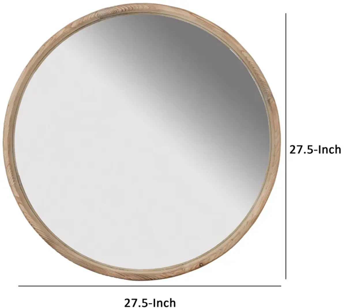 28 Inch Round Wall Mount Accent Mirror, Natural Fir Wood with Subtle Grains-Benzara