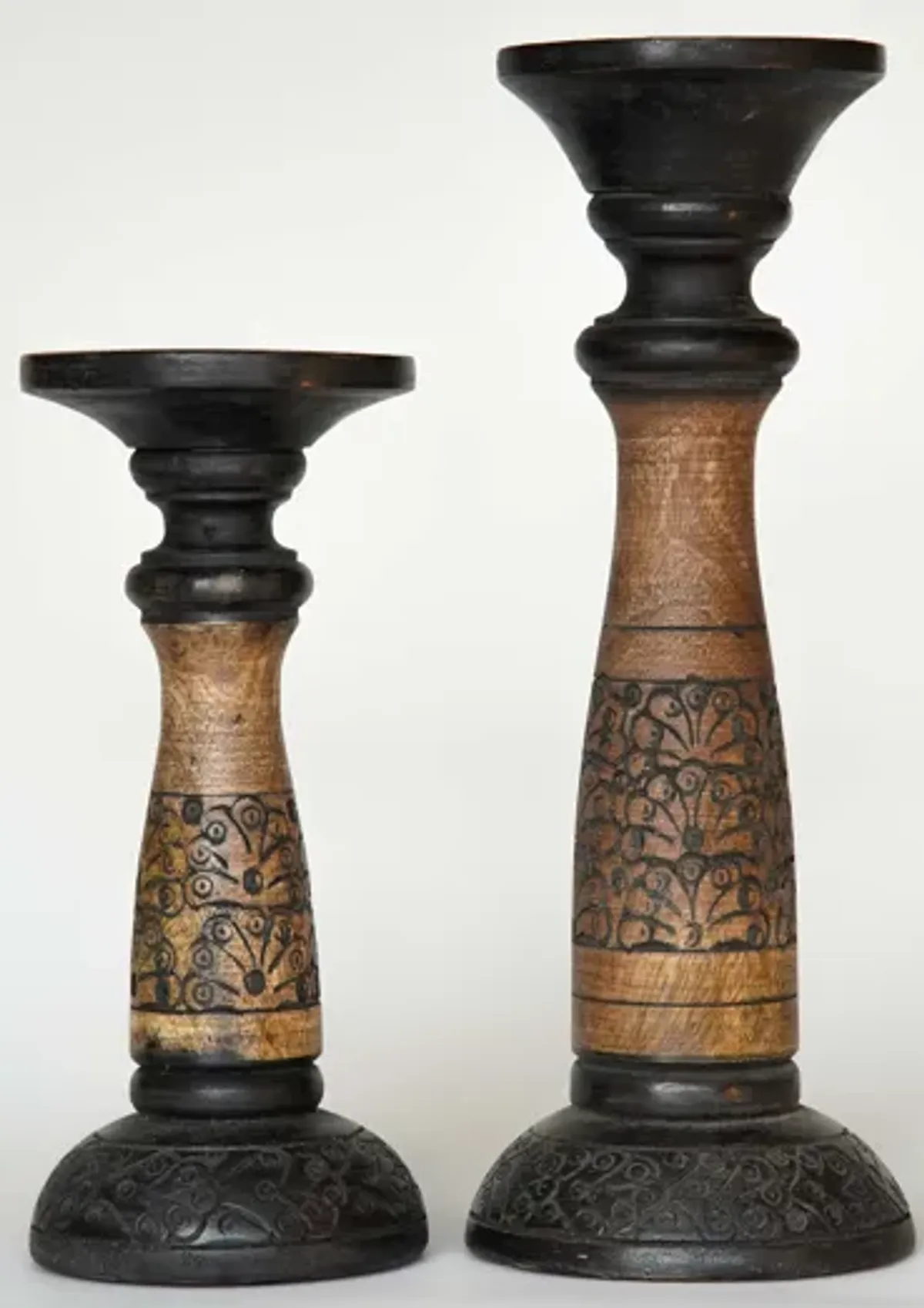 Traditional Black Wash Eco-friendly Handmade Mango Wood Set Of Two 6" & 9" Pillar Candle Holder