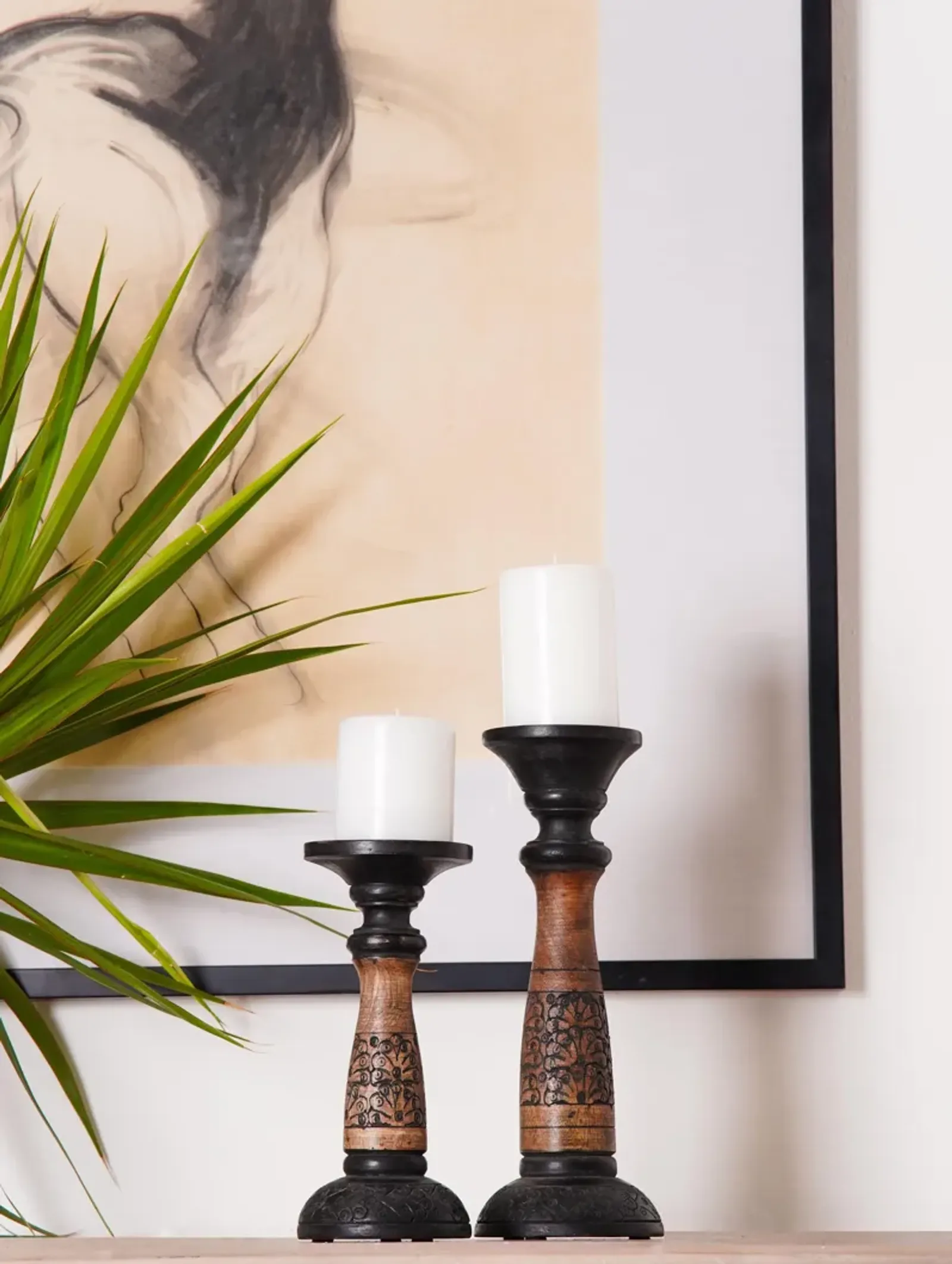 Traditional Black Wash Eco-friendly Handmade Mango Wood Set Of Two 6" & 9" Pillar Candle Holder