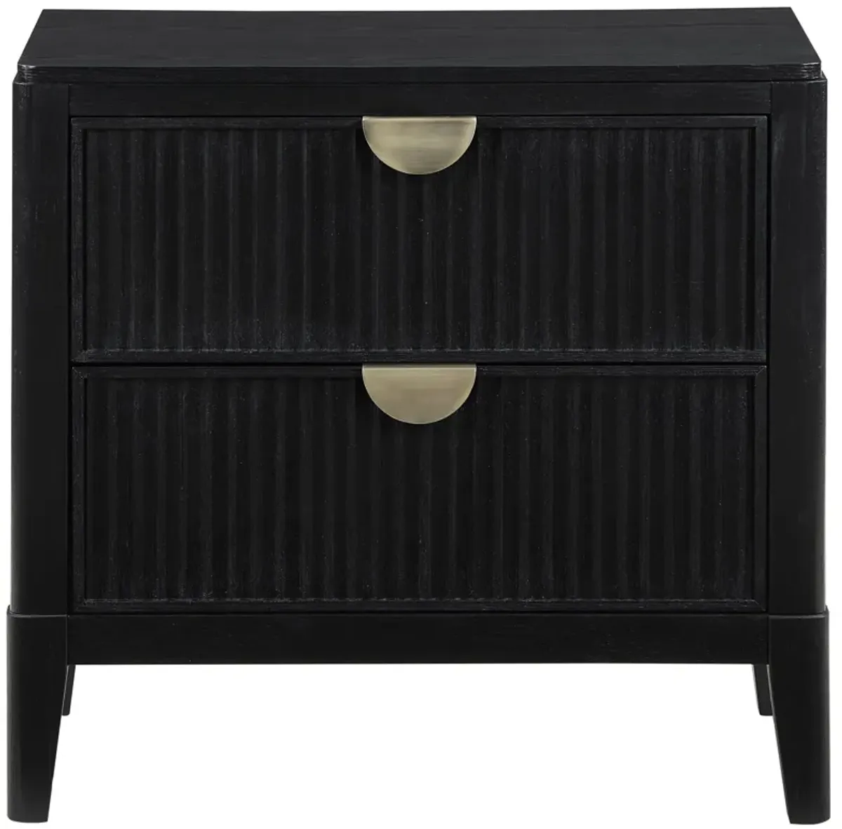 Jack Nightstand, 2 Drawers, Gold Metal Handles, Wire Brushed Black Wood - Benzara