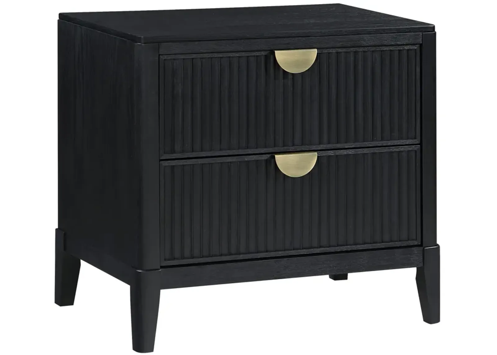 Jack Nightstand, 2 Drawers, Gold Metal Handles, Wire Brushed Black Wood - Benzara